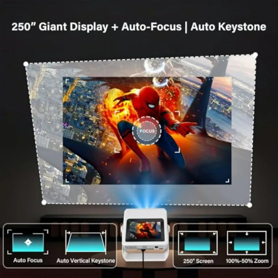 4K Support Portable Outdoor Smart Projector with WiFi and Bluetooth Touchscreen Auto Focus Touch Control Built-in 1 000+ Apps N