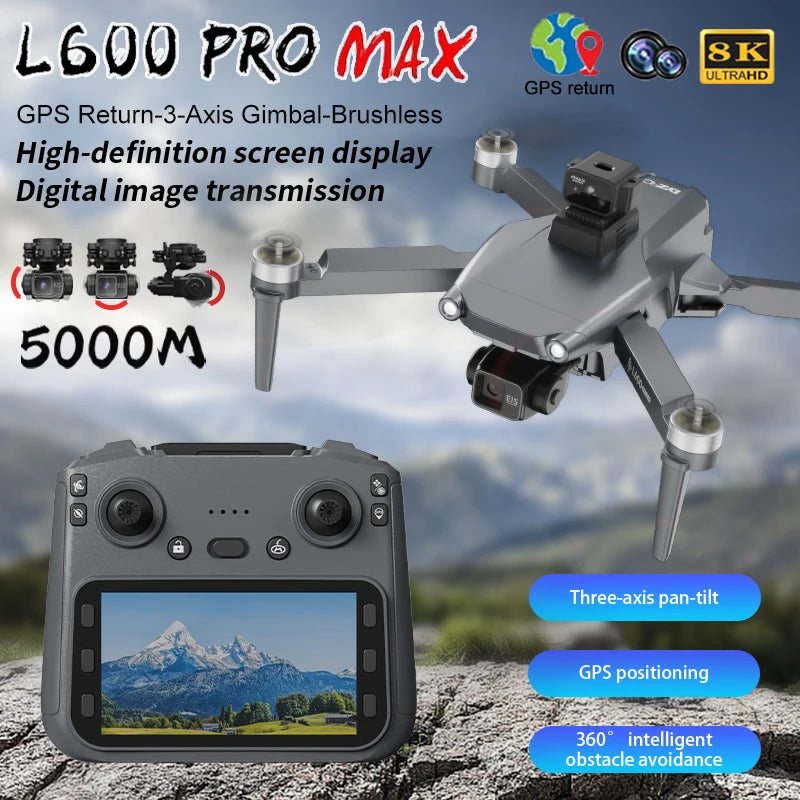 New L600 Pro Max Professional Drone With 8K Camera 3-Axis Gimbal WIFI 360° Obstacle Avoidance Large Screen FPV Brushless RC Dron