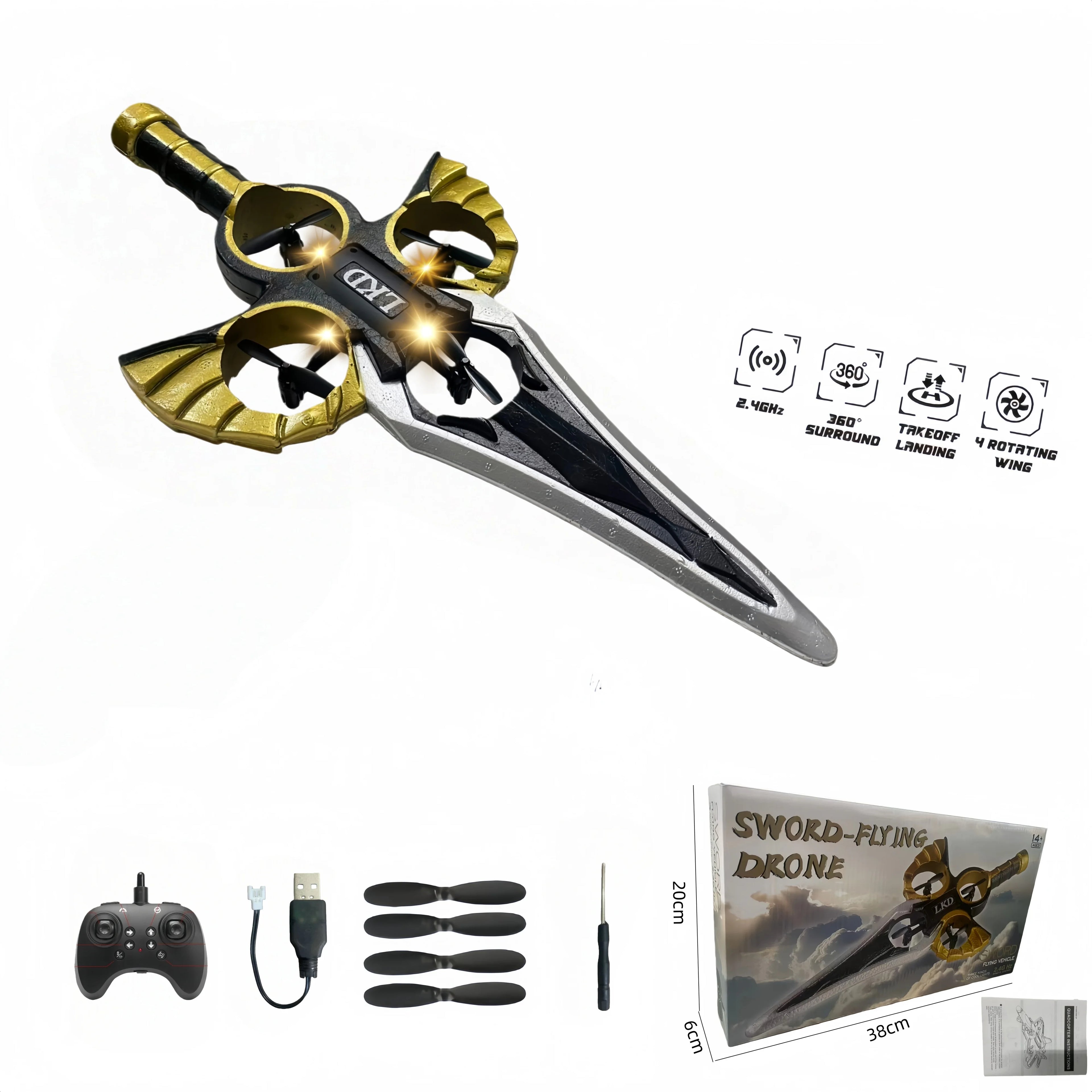 2.4G remote-controlled flying sword - 4-axis flying sword with light display, wristwatch control for special sword shape