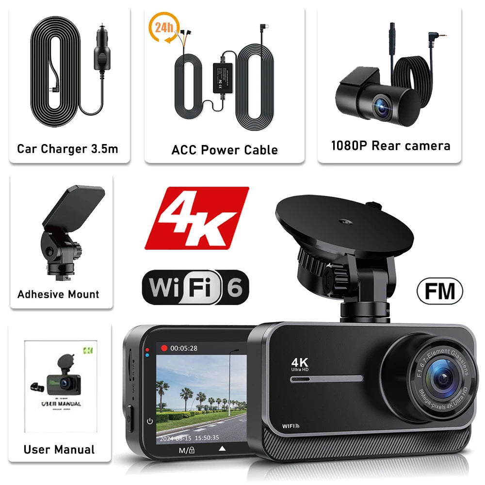 4K Dash Cam for Cars  WIFI Camera for Car Front and Rear Dash Camera Black Box 24H