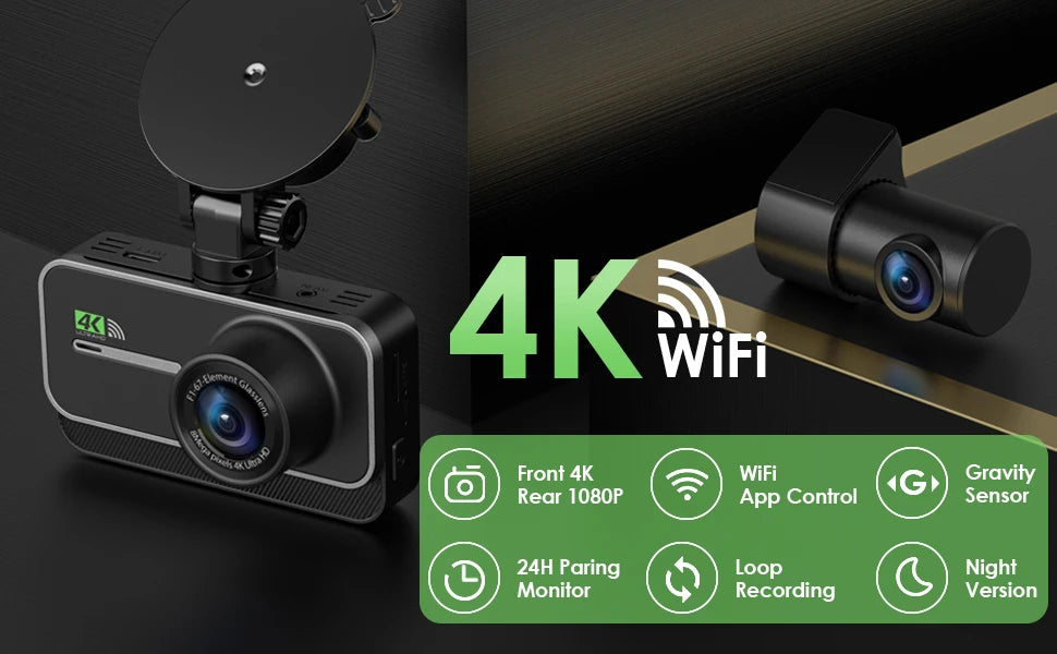4K Dash Cam for Cars  WIFI Camera for Car Front and Rear Dash Camera Black Box 24H