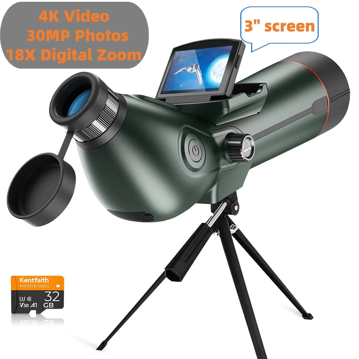 Spotting Scope Monocular Telescope with Camera 4K Video 30MP Photo 3in Display
