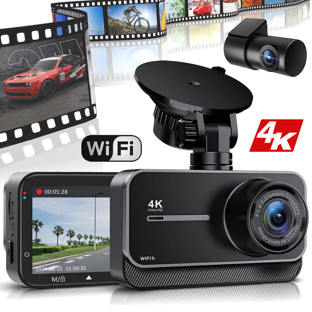 4K Dash Cam for Cars  WIFI Camera for Car Front and Rear Dash Camera Black Box 24H