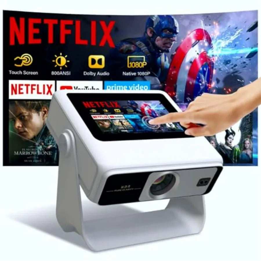 4K Support Portable Outdoor Smart Projector with WiFi and Bluetooth Touchscreen Auto Focus Touch Control Built-in 1 000+ Apps N