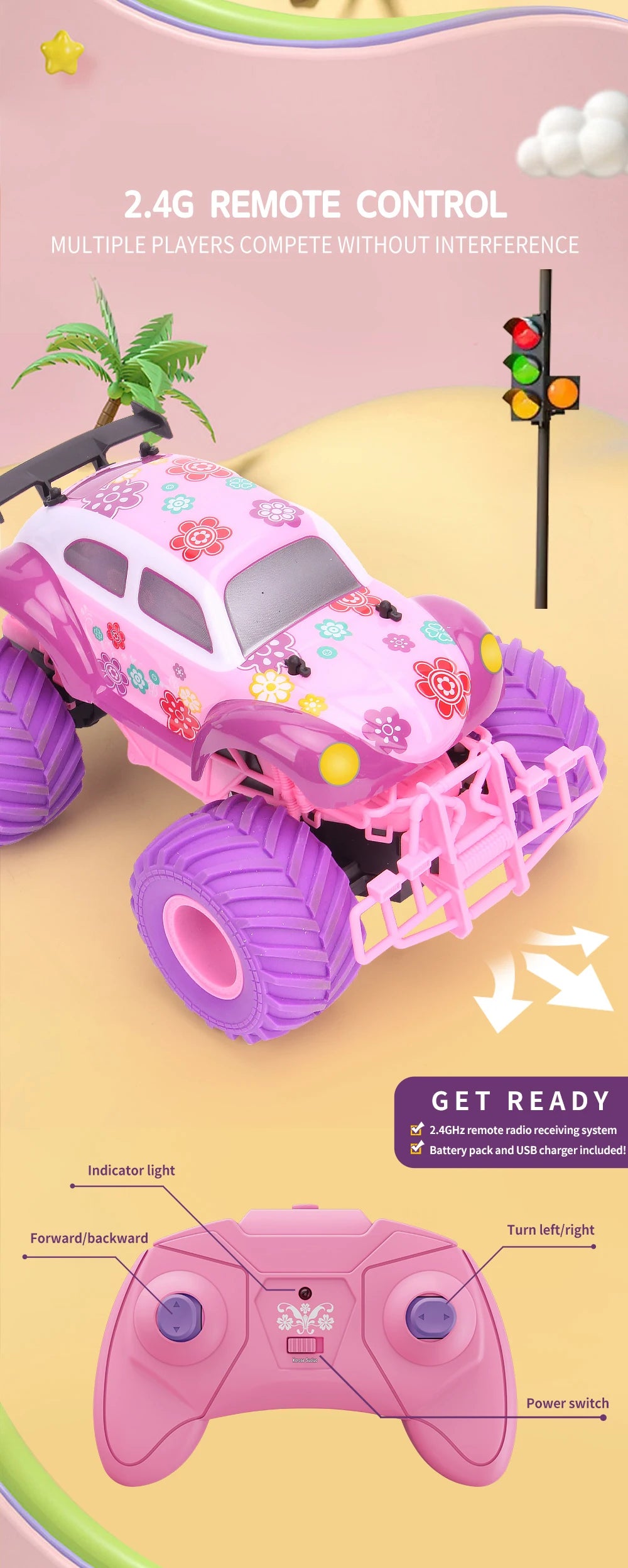 4WD Pink RC Car Pickup Truck Electric Climbing Drop-resistant Stunt Remote Control Princess Car Toy Children Gifts For Girls