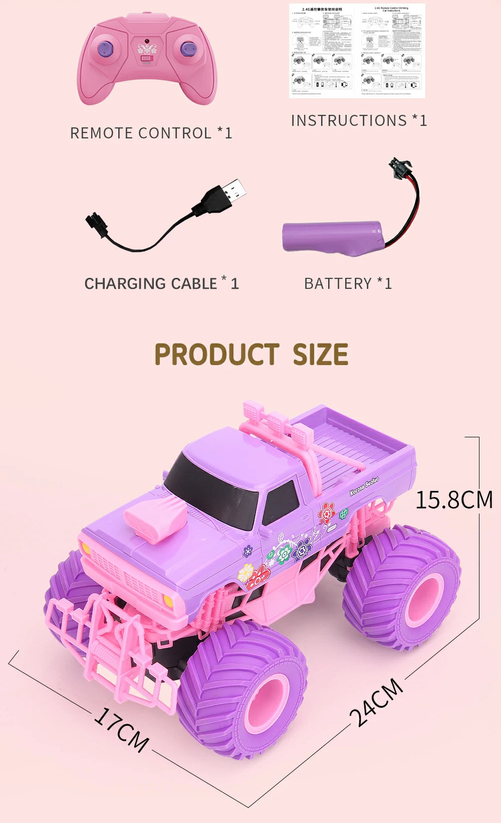 4WD Pink RC Car Pickup Truck Electric Climbing Drop-resistant Stunt Remote Control Princess Car Toy Children Gifts For Girls