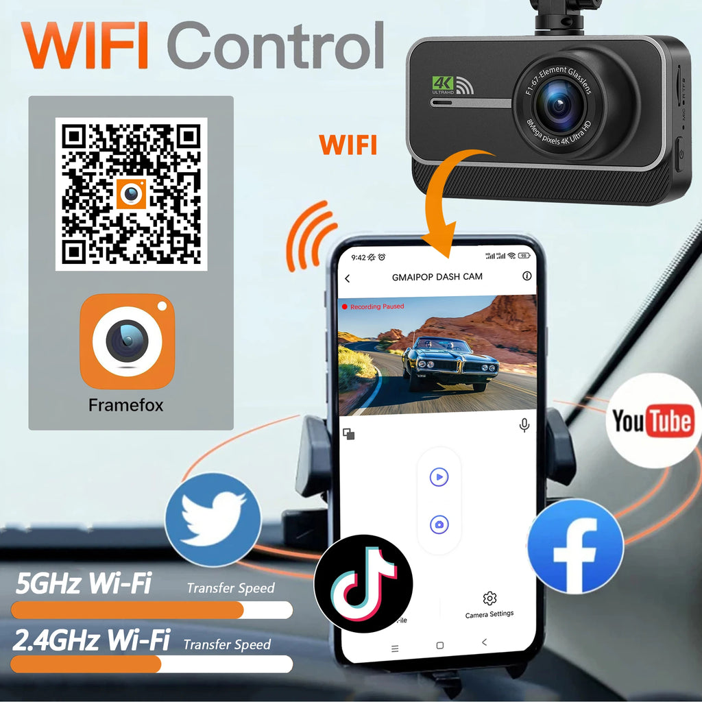 4K Dash Cam for Cars  WIFI Camera for Car Front and Rear Dash Camera Black Box 24H