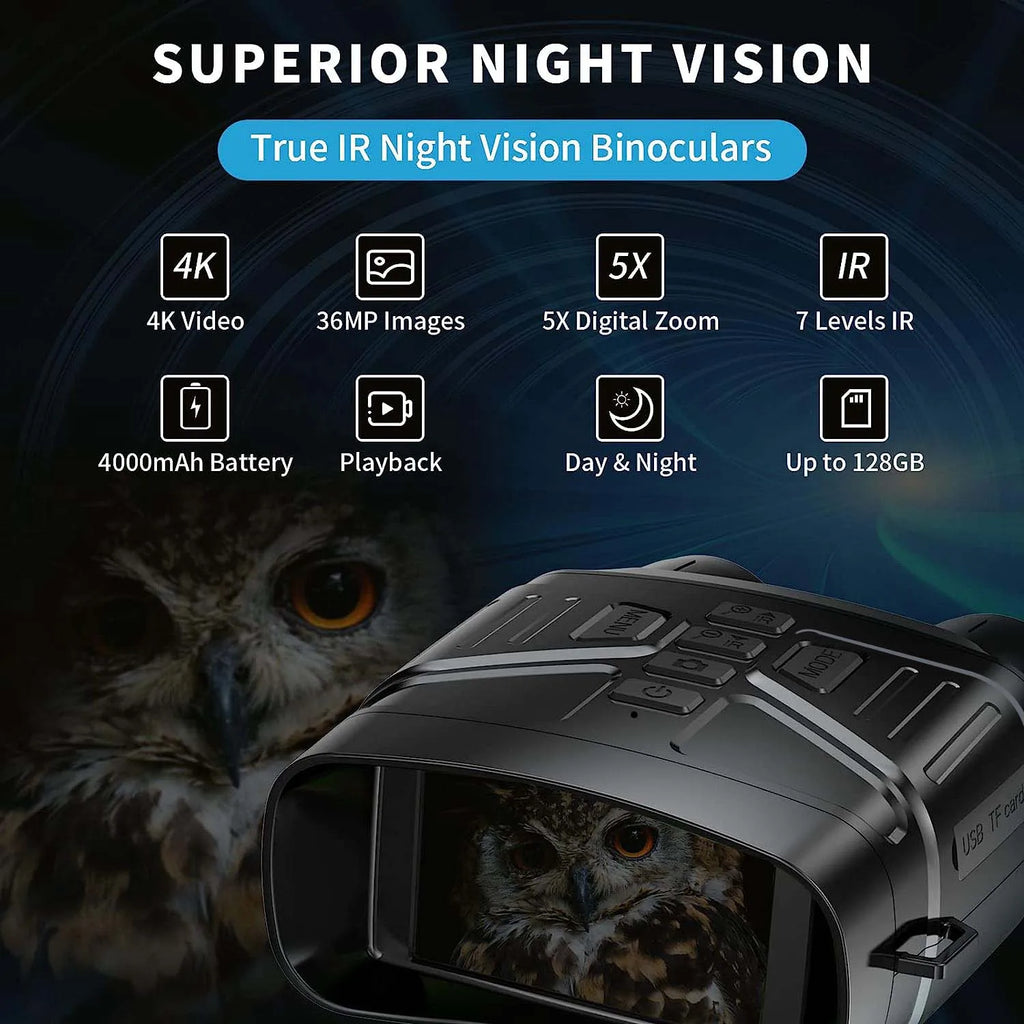 4K Night Vision Binoculars with Rechargeable Battery  32GB TF Card Night Vision Goggles for Photo And Video Saving 3'' Display