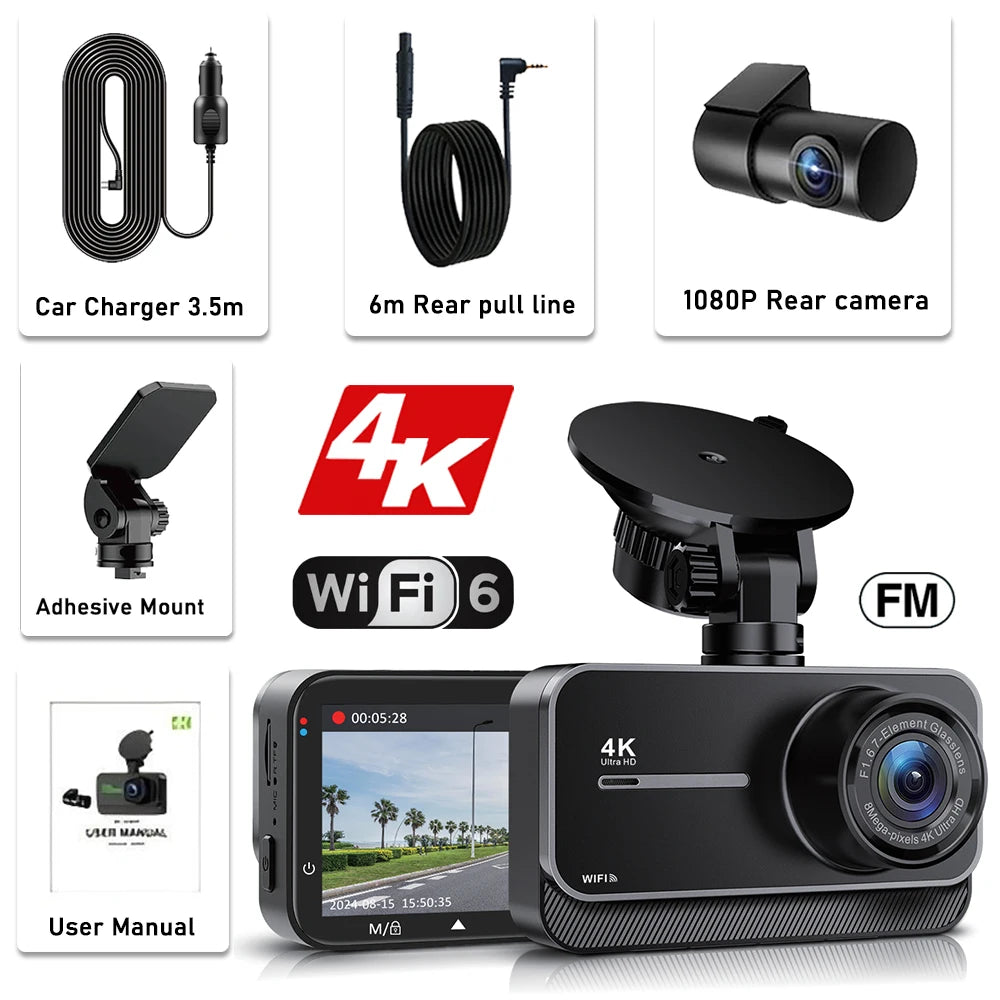 4K Dash Cam for Cars  WIFI Camera for Car Front and Rear Dash Camera Black Box 24H