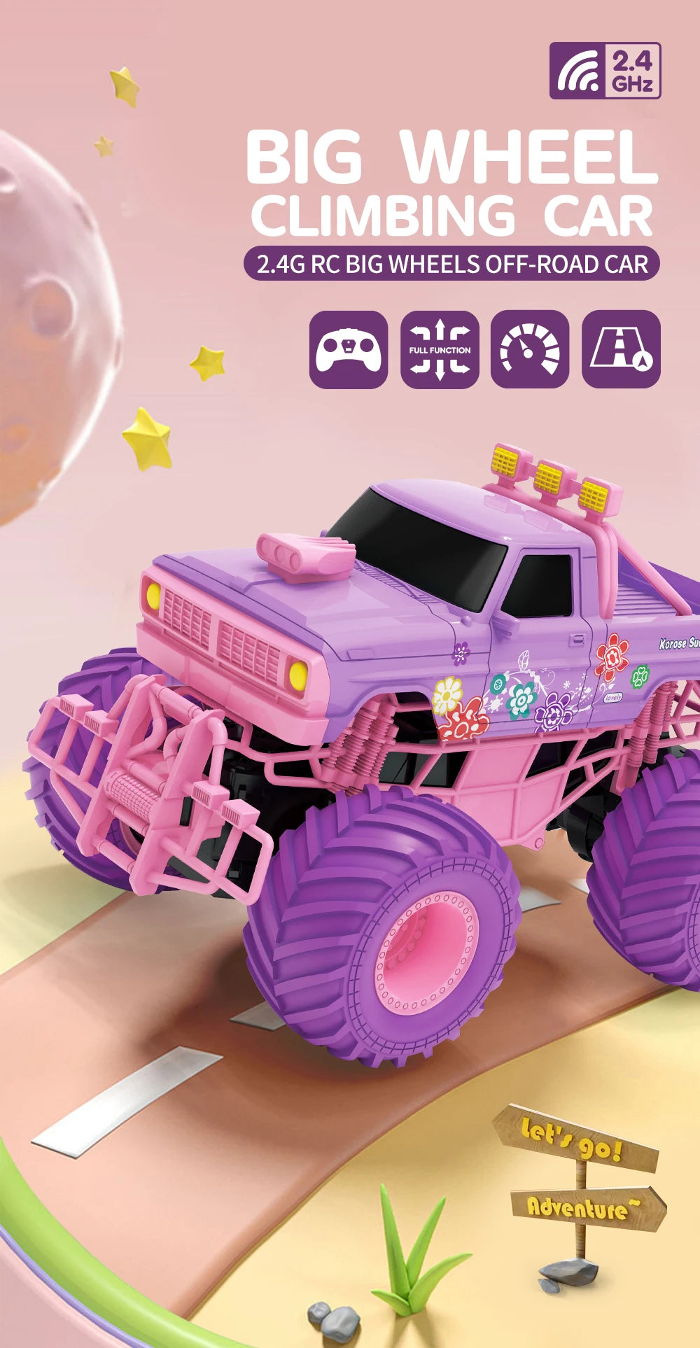 4WD Pink RC Car Pickup Truck Electric Climbing Drop-resistant Stunt Remote Control Princess Car Toy Children Gifts For Girls