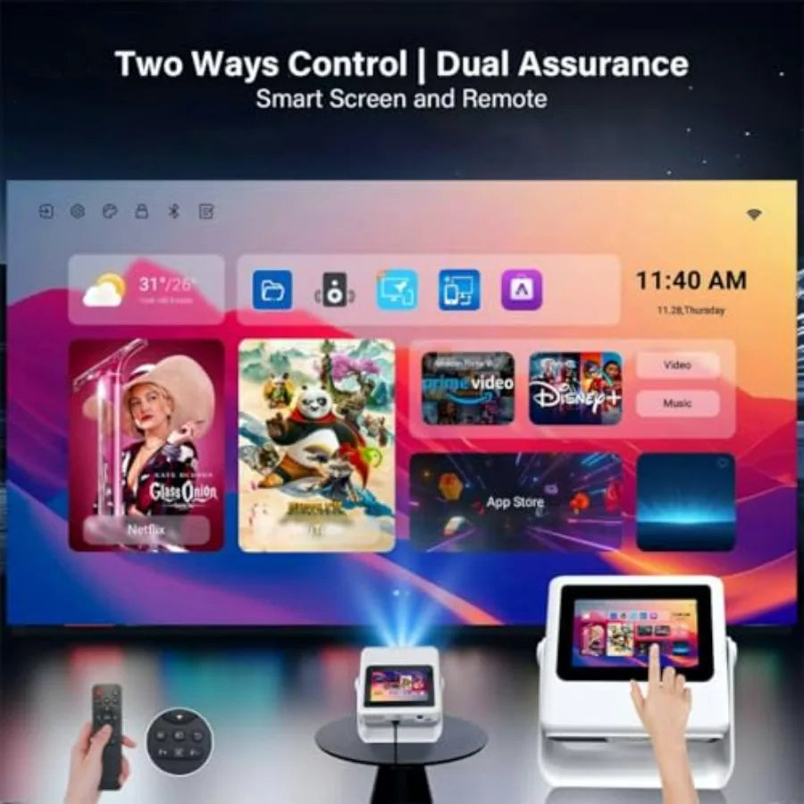 4K Support Portable Outdoor Smart Projector with WiFi and Bluetooth Touchscreen Auto Focus Touch Control Built-in 1 000+ Apps N